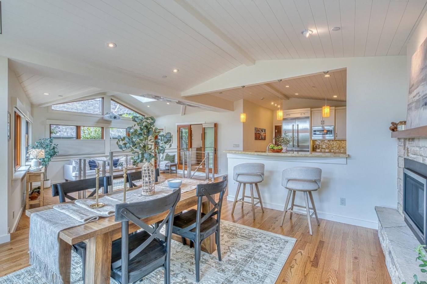 Staged open living and dining room