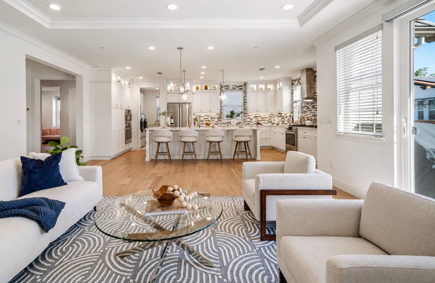 Staged great room open to the kitchen