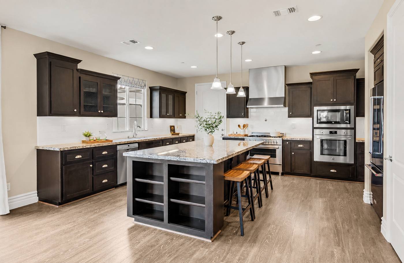 Staged kitchen with island seating