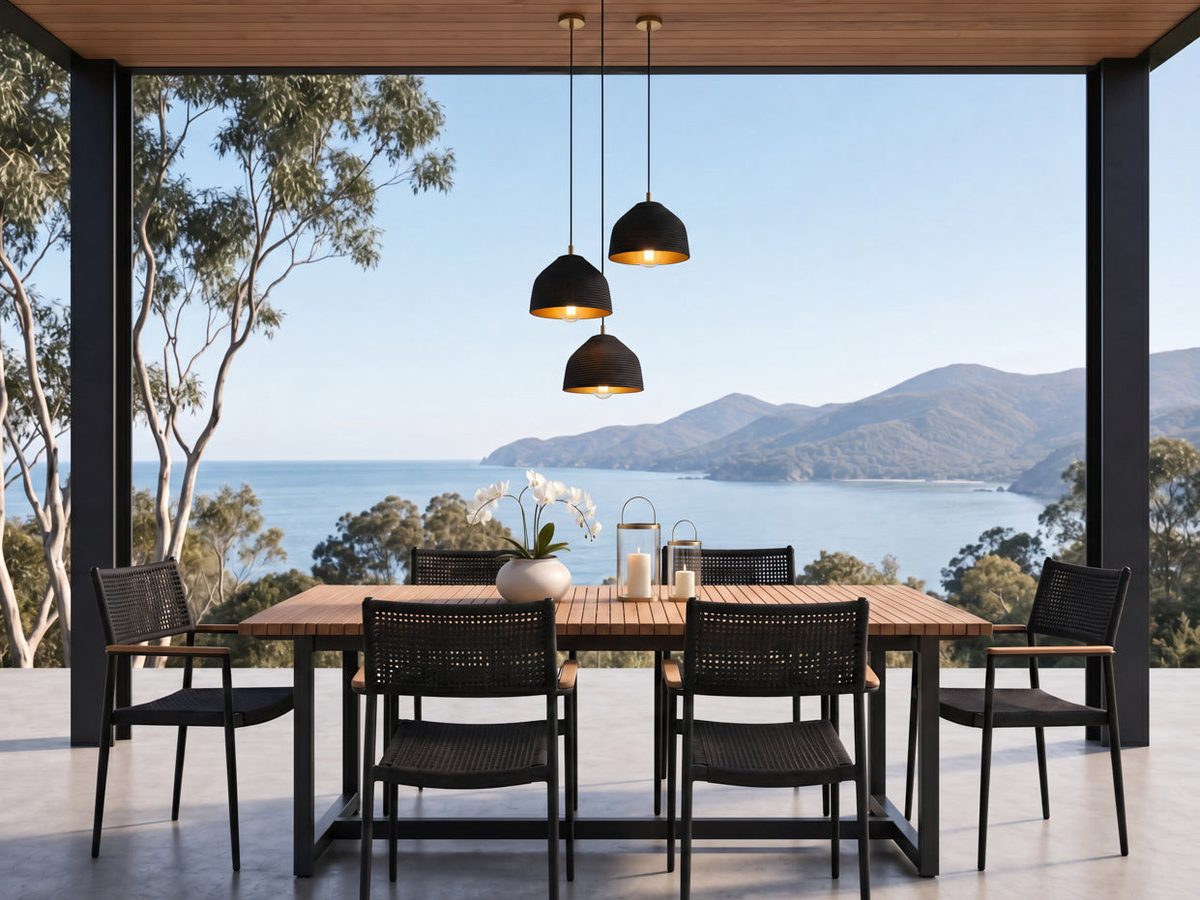 Sunpan dining chairs at a table in a room that opens onto the coast