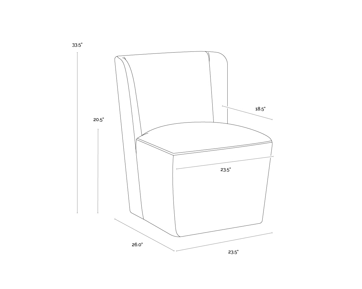 Amita Wheeled Dining Chair dimensions schematic