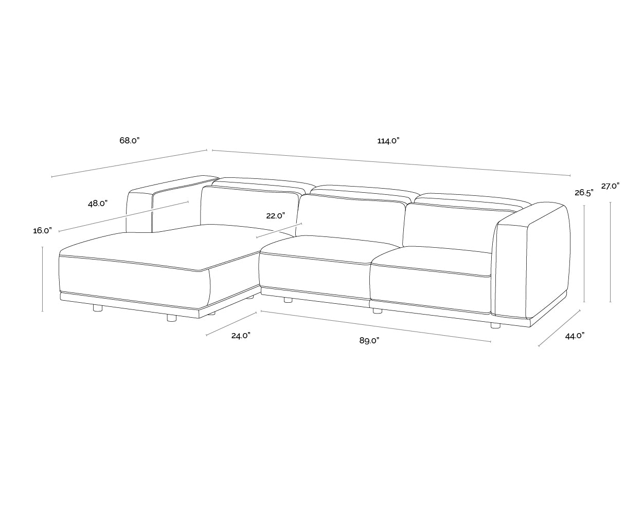 Beau Sofa Chaise - Laf dimensions schematic