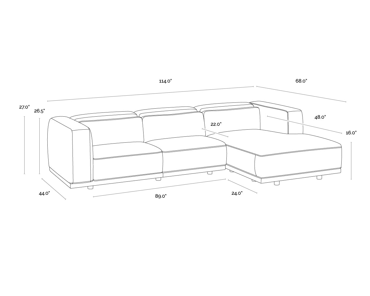 Beau Sofa Chaise - Raf dimensions schematic