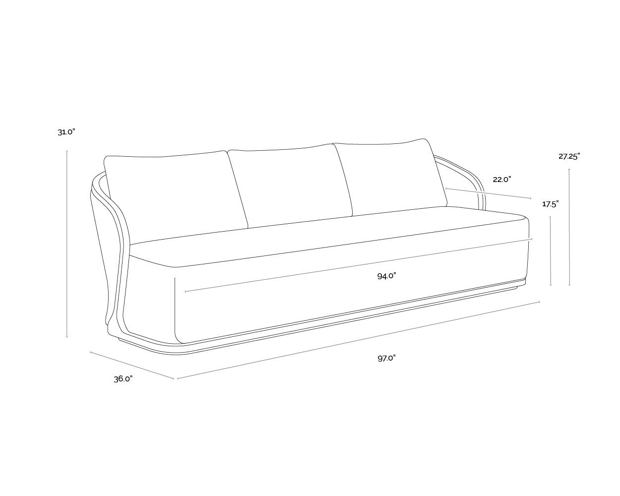 Bora Sofa dimensions schematic