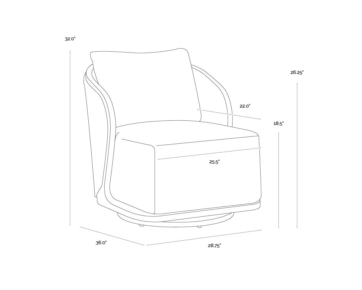 Bora Swivel Lounge Chair dimensions schematic