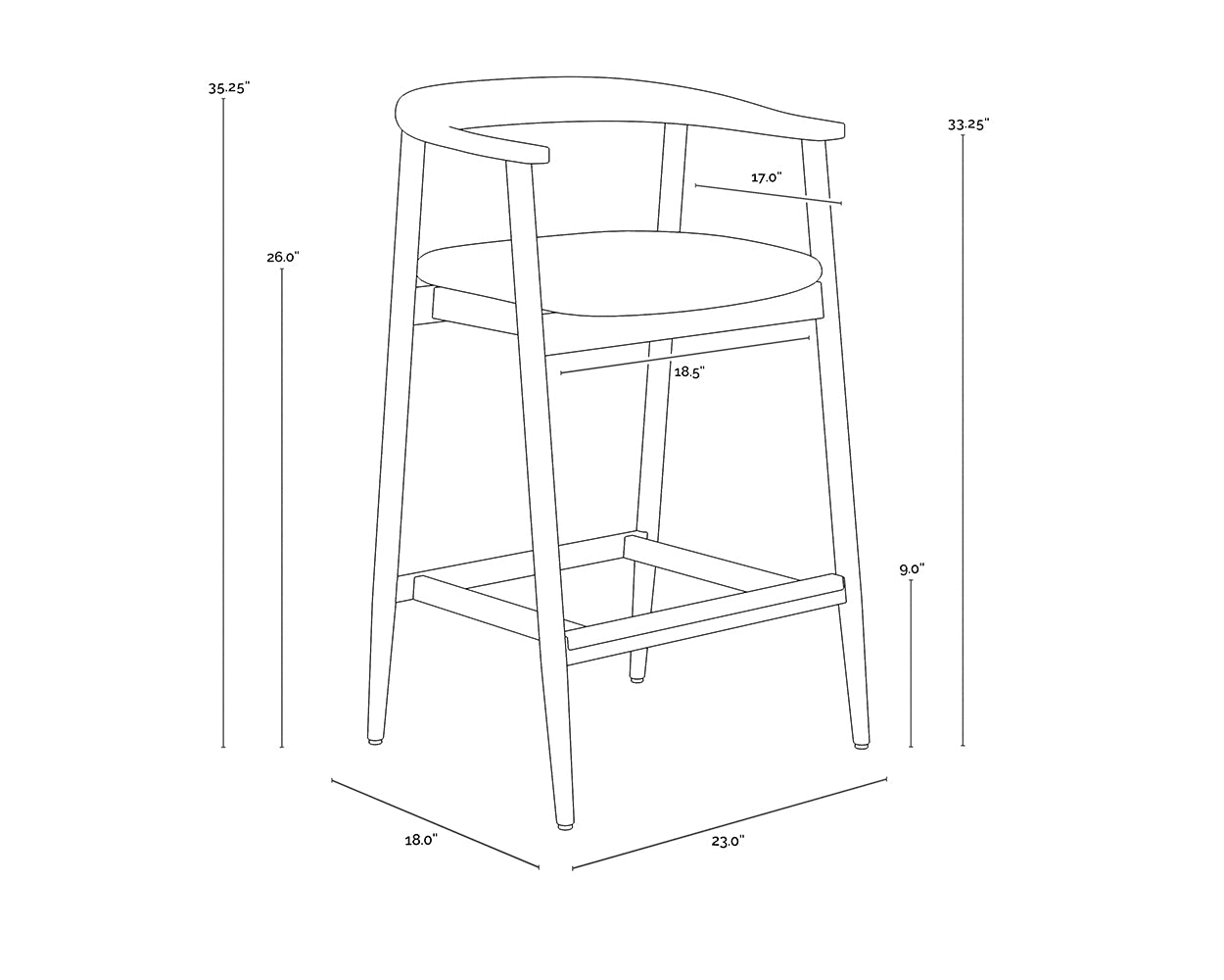 Jeremy Counter Stool - Weathered Oak dimensions schematic