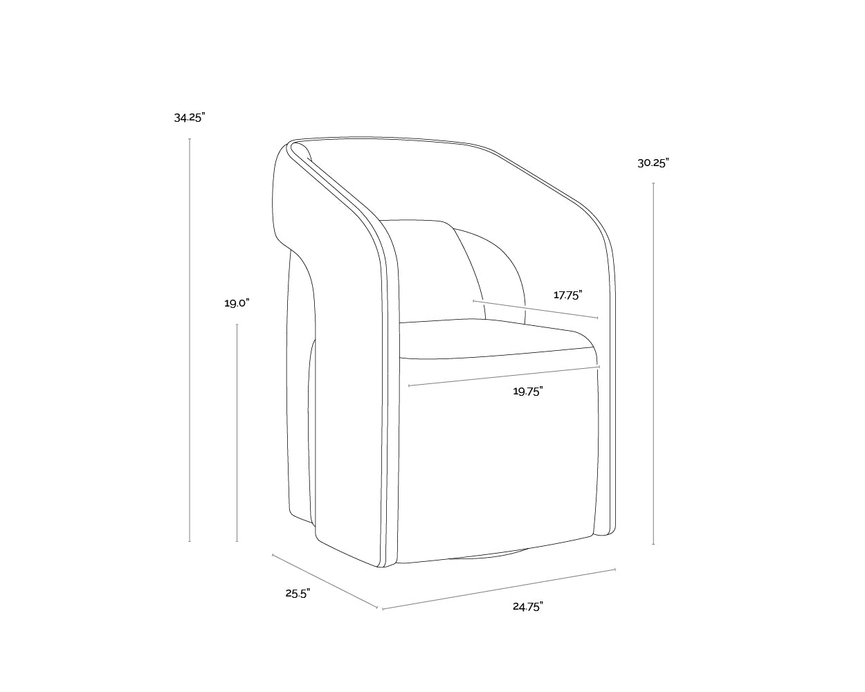 Kendrick Wheeled Dining Armchair dimensions schematic