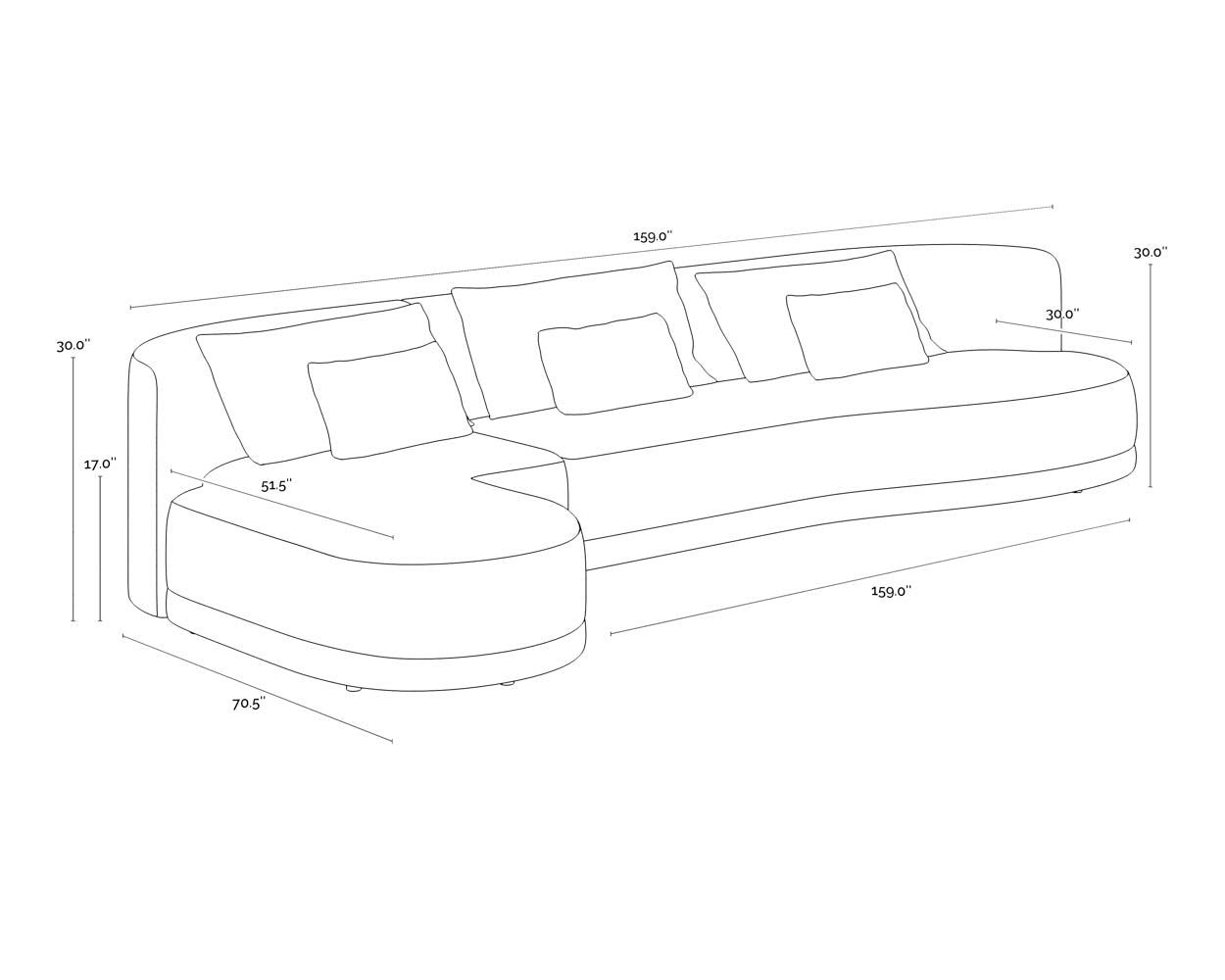 Laken Sofa Chaise - Laf dimensions schematic