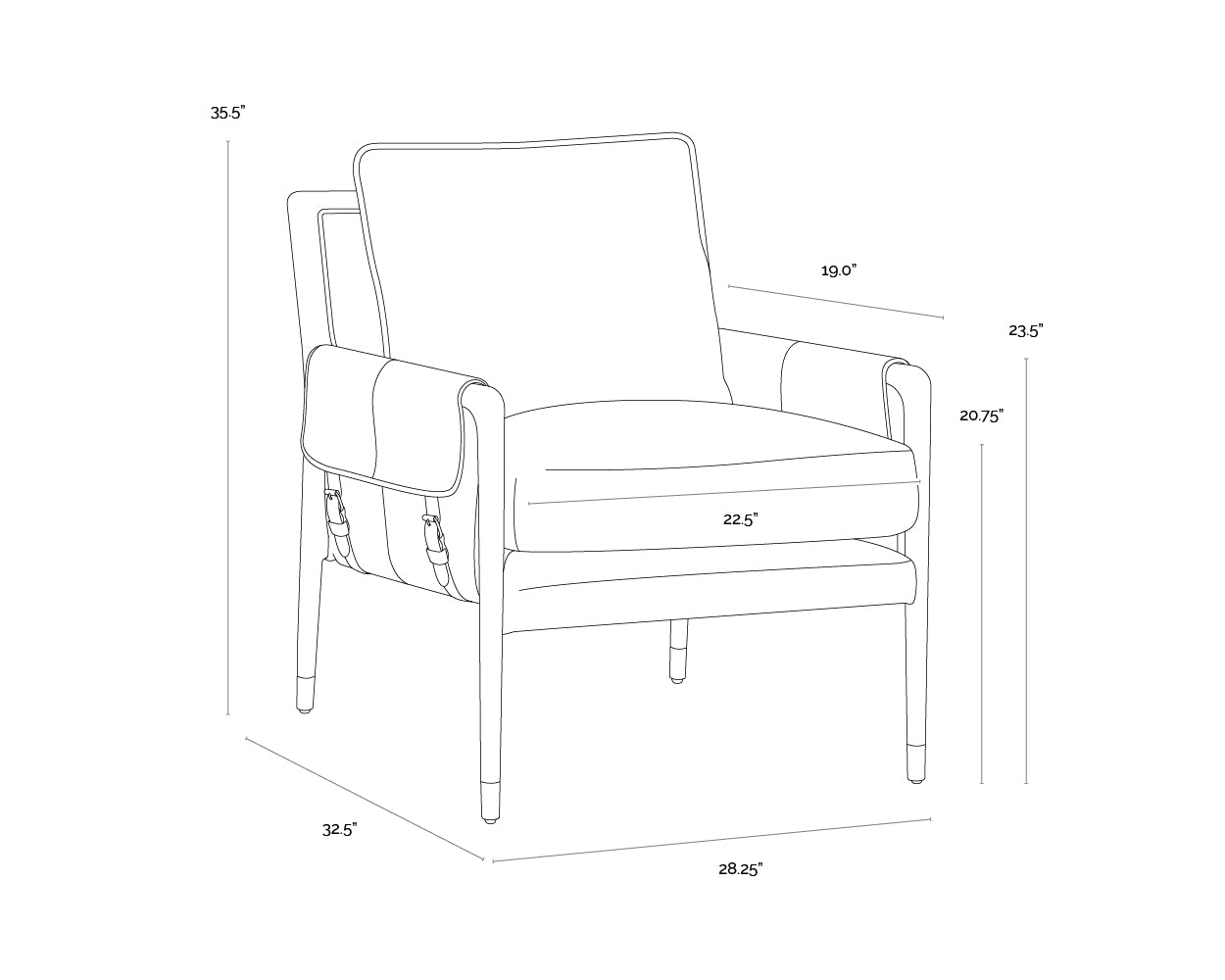 Mauti Armchair - Distressed Brown dimensions schematic