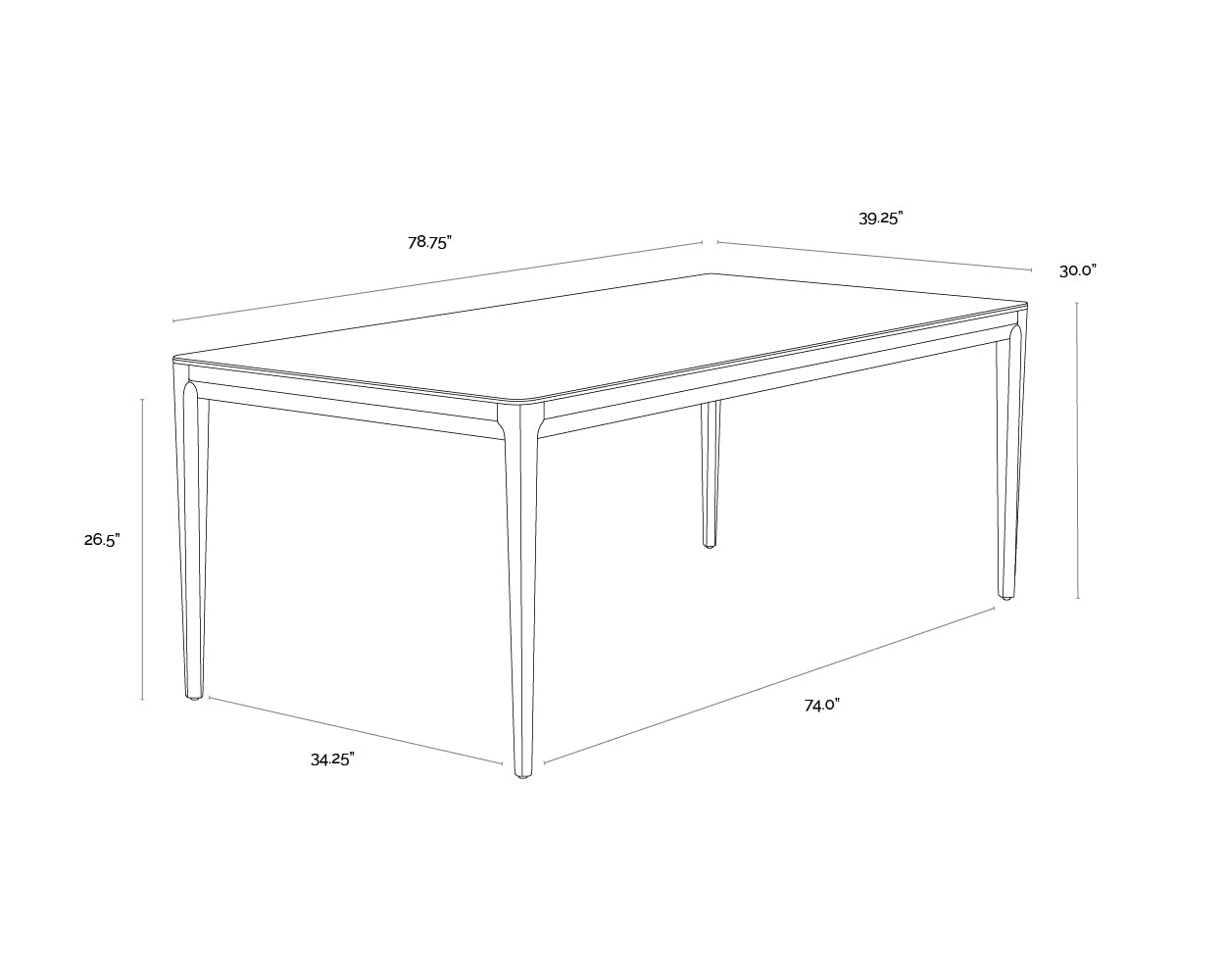 Queens Dining Table - 78.75" dimensions schematic