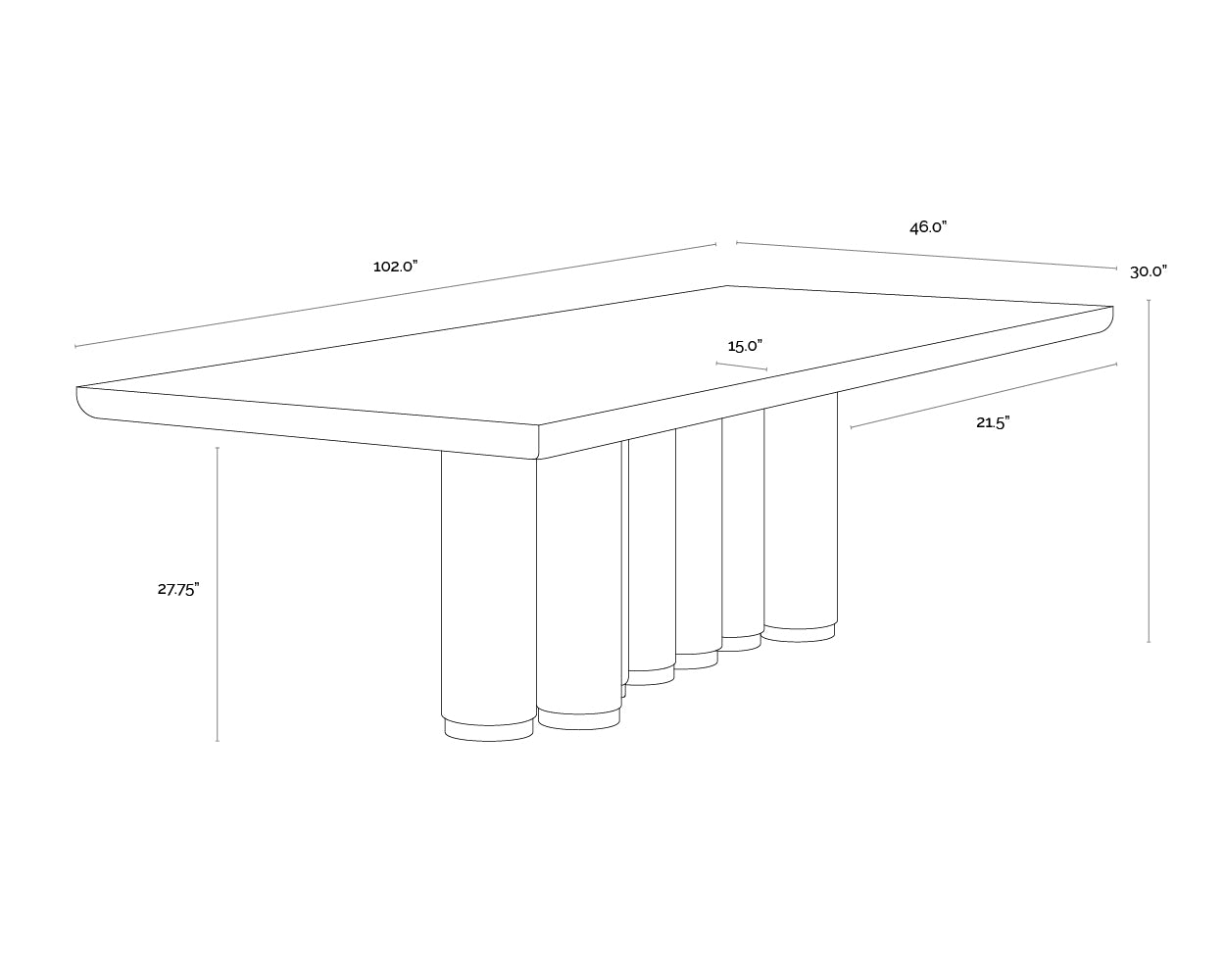 Salix Dining Table - 102" dimensions schematic