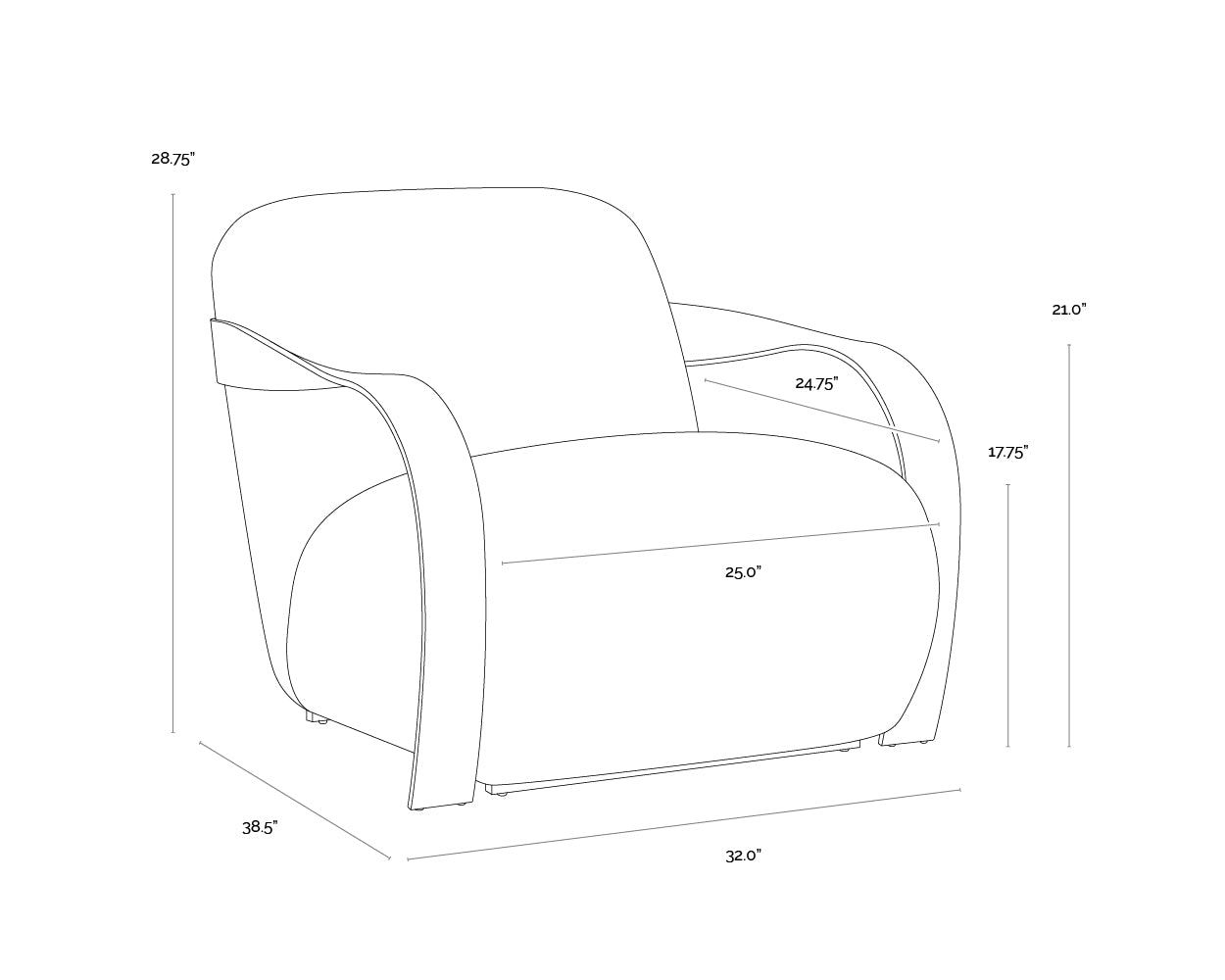 Sonesta Lounge Chair - Antique Brass dimensions schematic