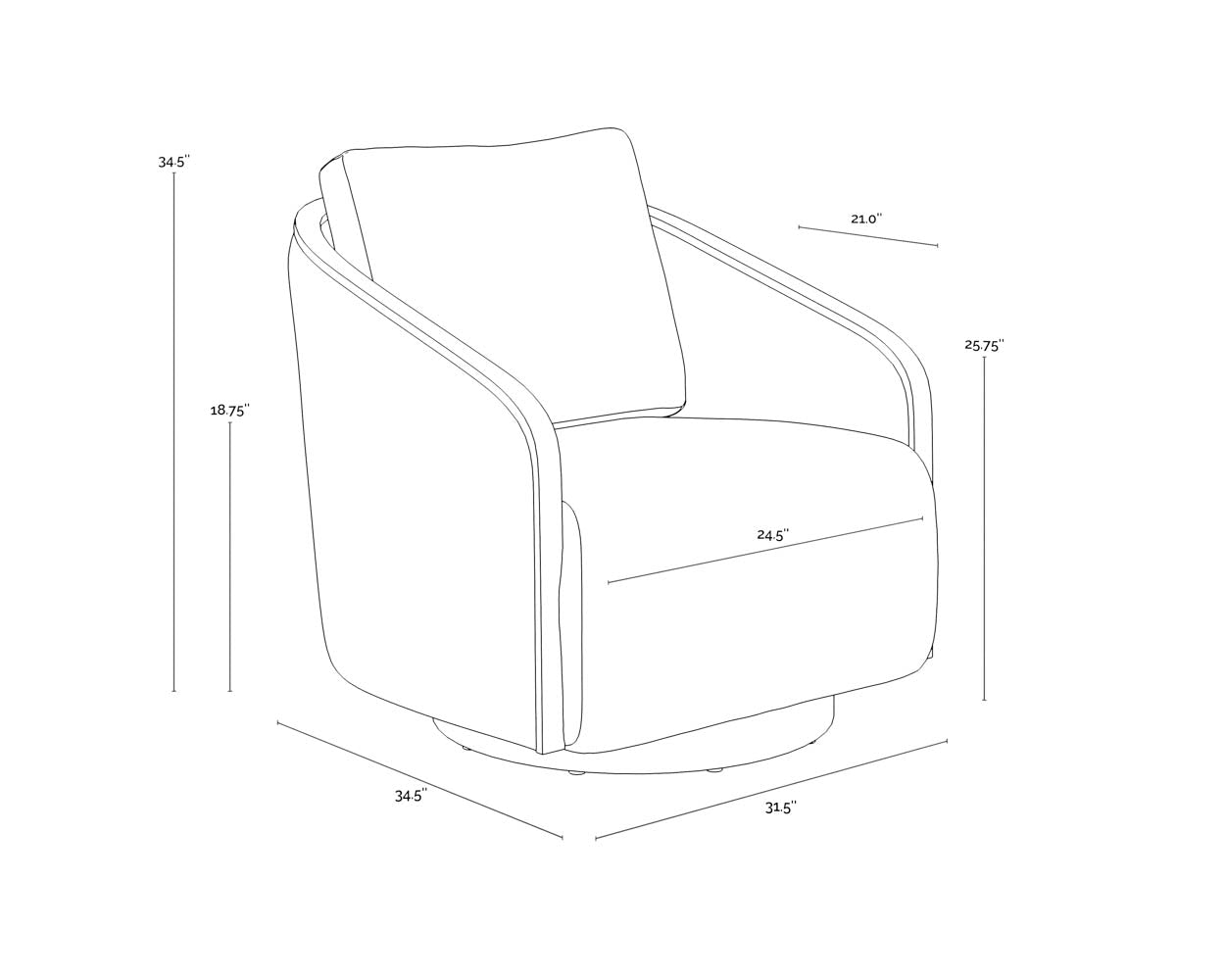 Tasia Swivel Lounge Chair dimensions schematic