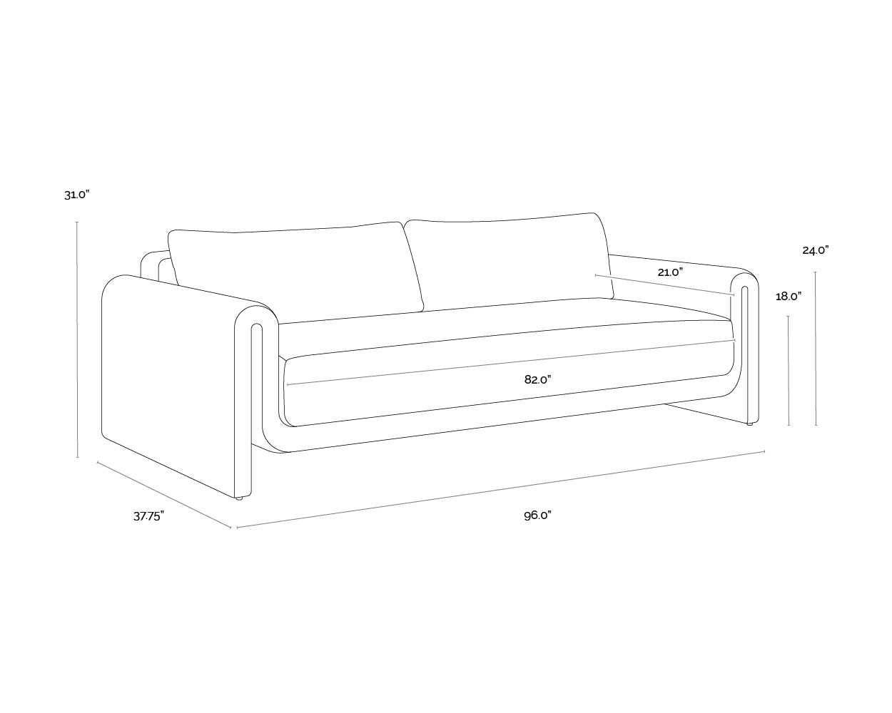 Tibi Sofa - Grey dimensions schematic