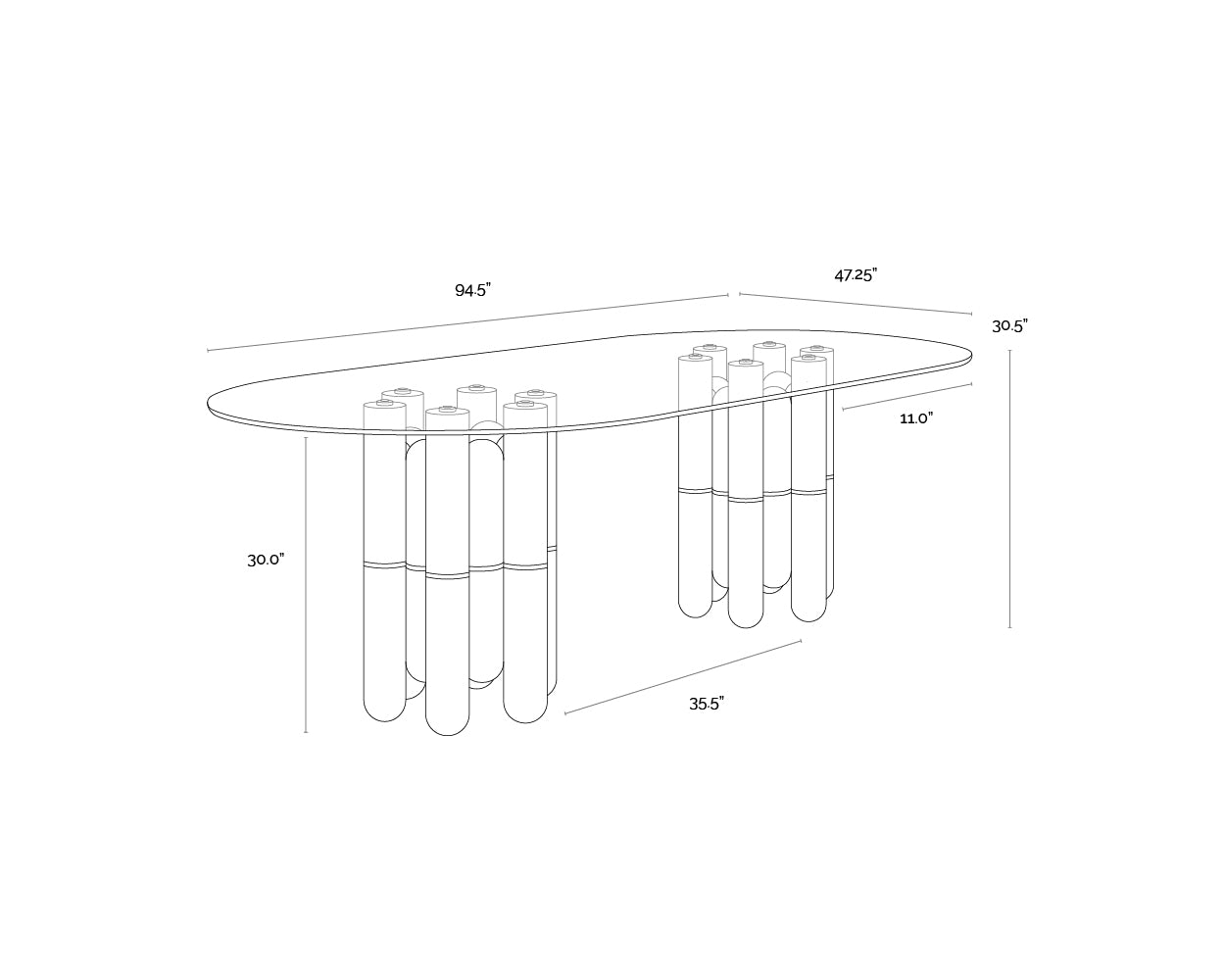 Yanna Dining Table - Glass - 94.5" - Oval dimensions schematic