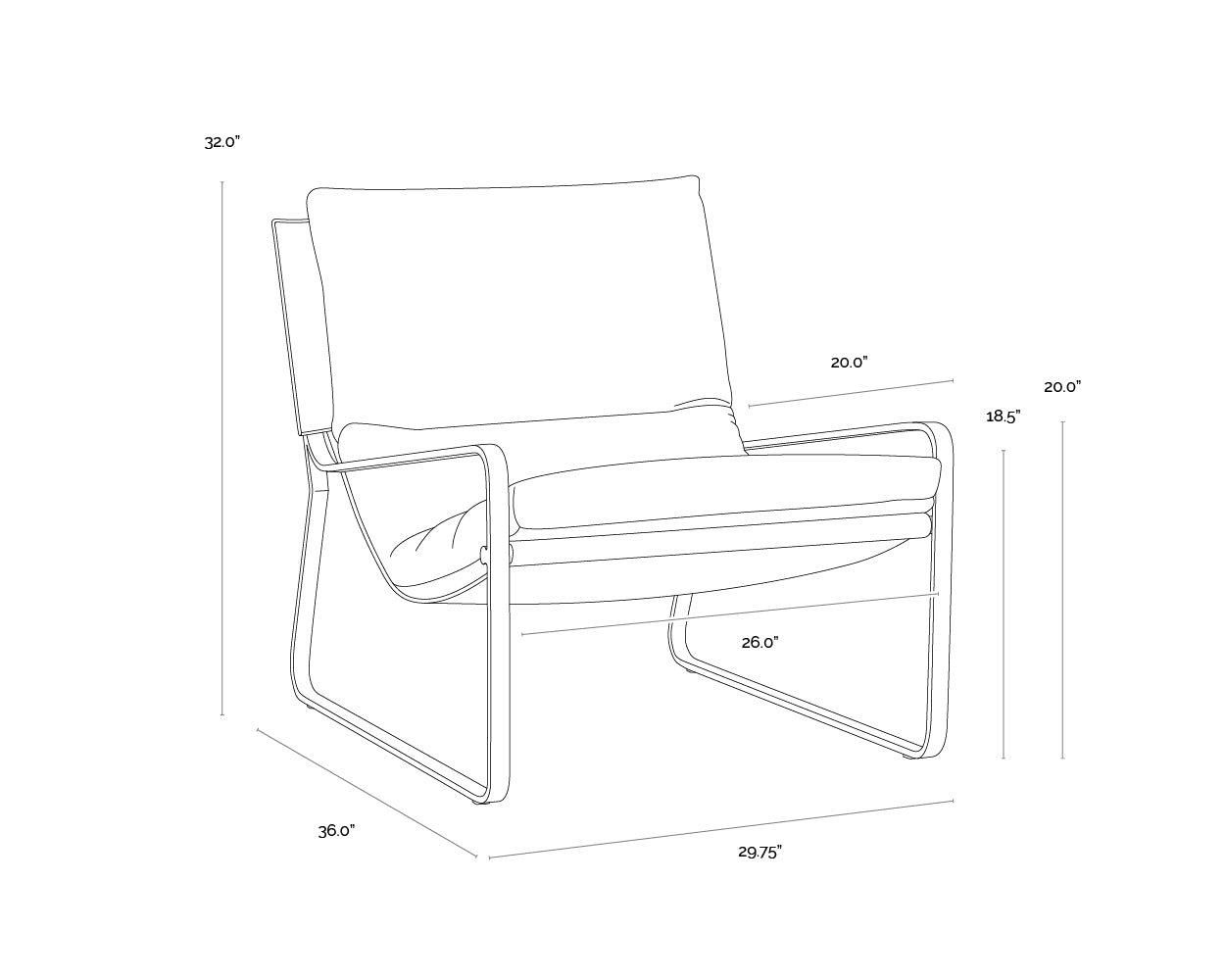 Zancor Lounge Chair - Antique Brass dimensions schematic